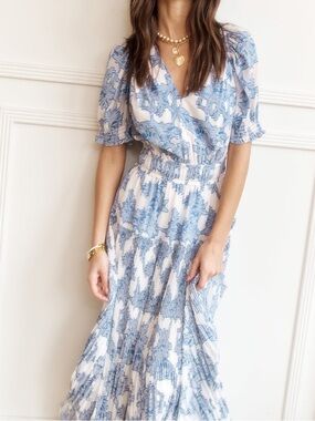 Current Air Sz S Blue/White Ruffle Short Sleeve Round Neck Lined Midi Dress